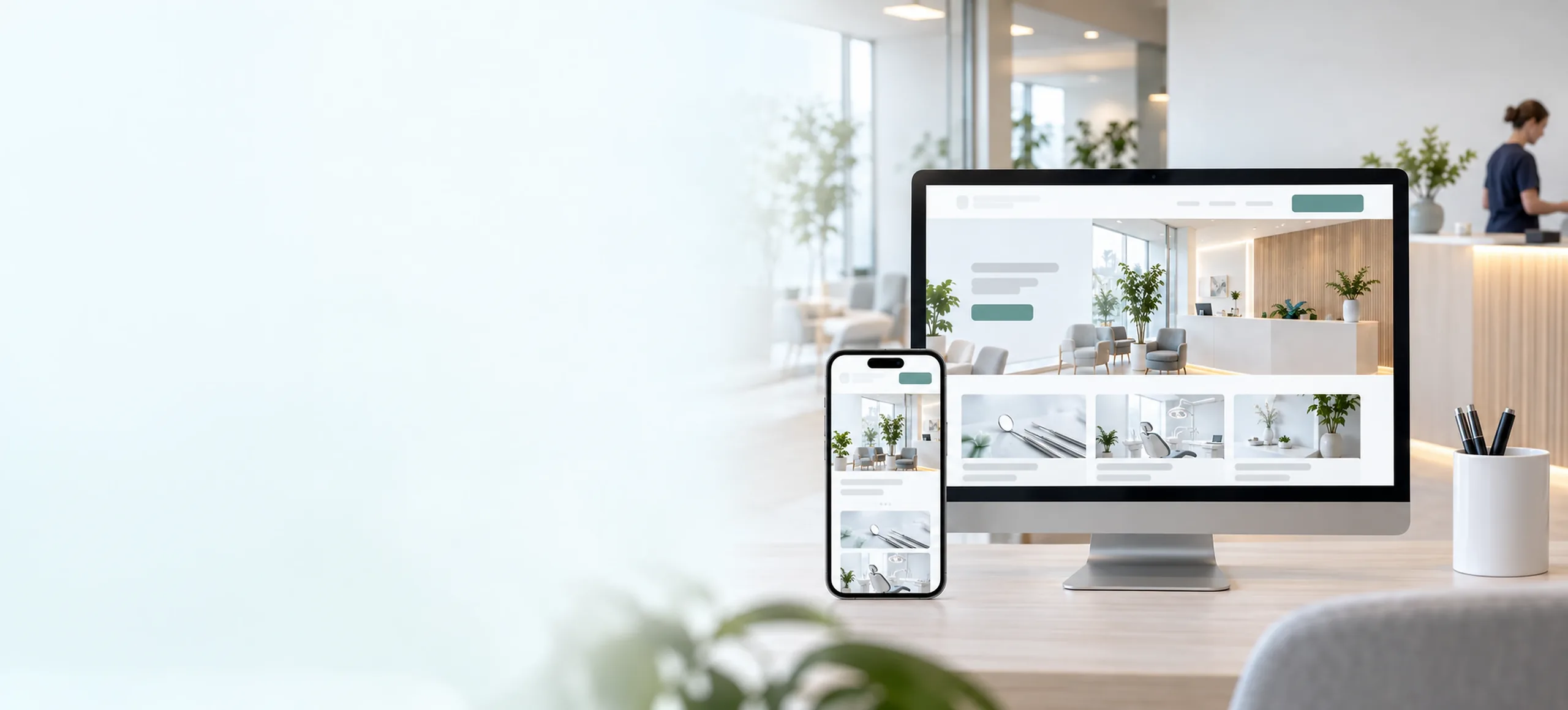 Praxiswebsite auf Monitor und Smartphone im Empfangsbereich einer modernen Zahnarztpraxis