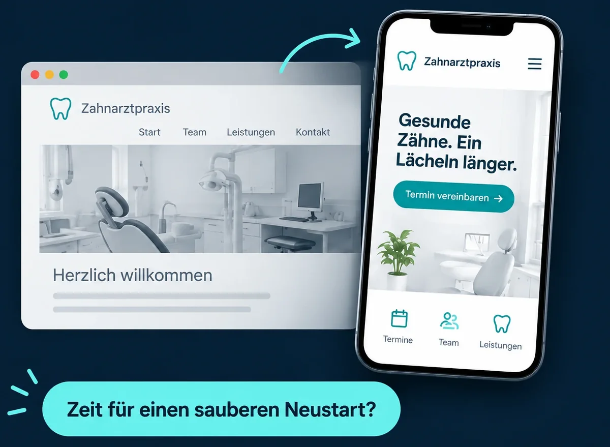 Alte Praxiswebsite am Desktop neben einer neuen mobilen Praxiswebsite, dazu der Hinweis: Zeit für einen sauberen Neustart?