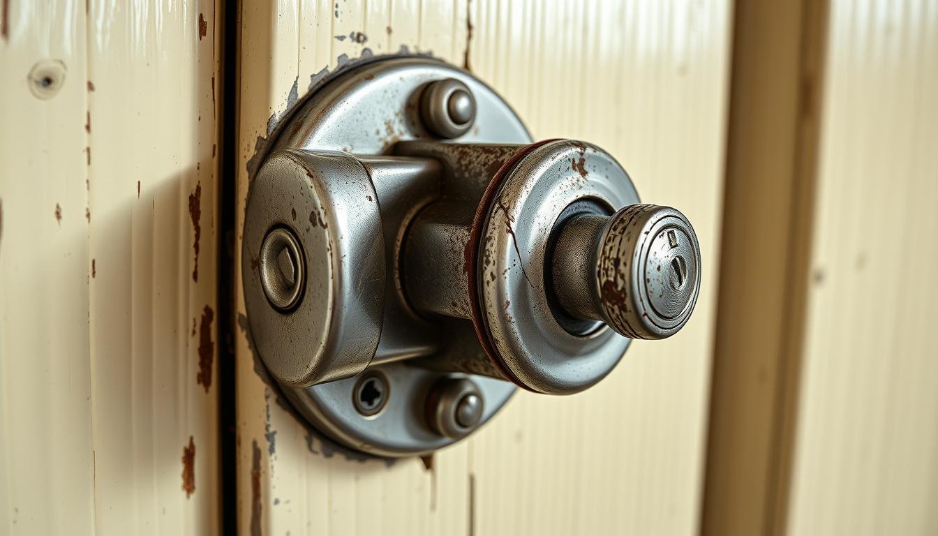Schließmechanismus mit Verschleißerscheinungen an Türschloss Schließmechanismus mit Verschleißerscheinungen an Türschloss