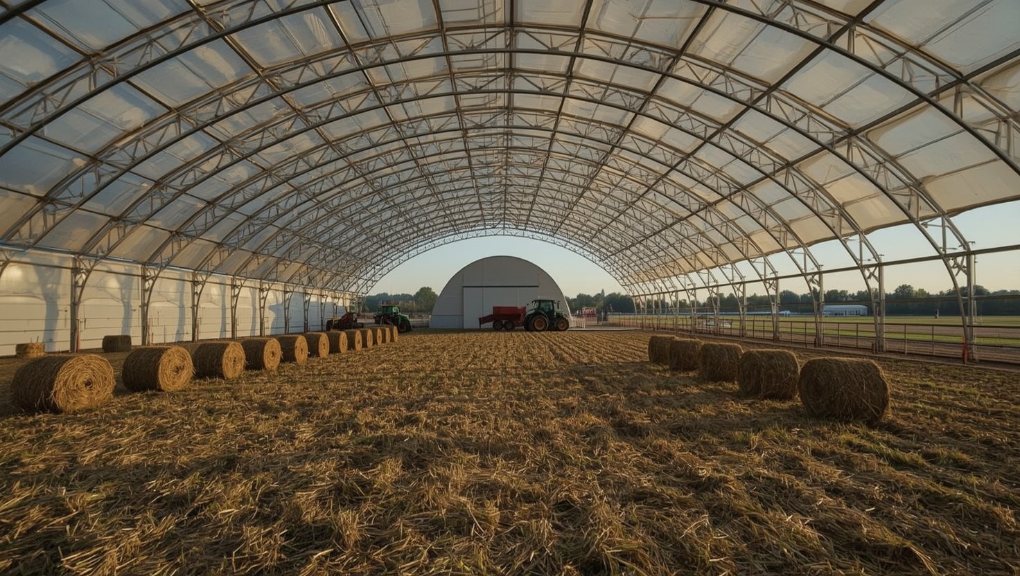 Landwirtschaftliche Bergehalle mit Strohballen und Traktoren